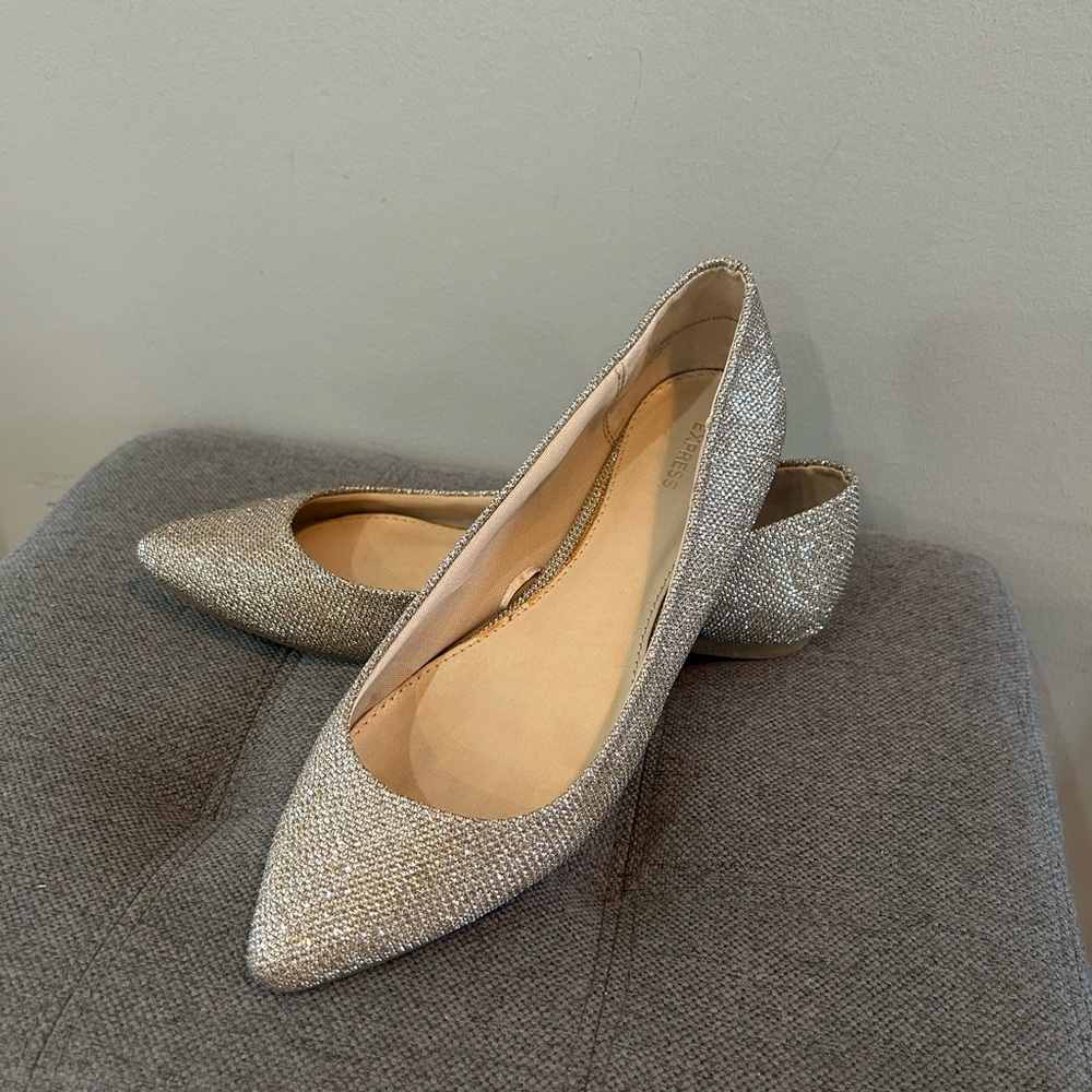 Express Silver Glitter Pointed Toe Flats Women’s Size 8